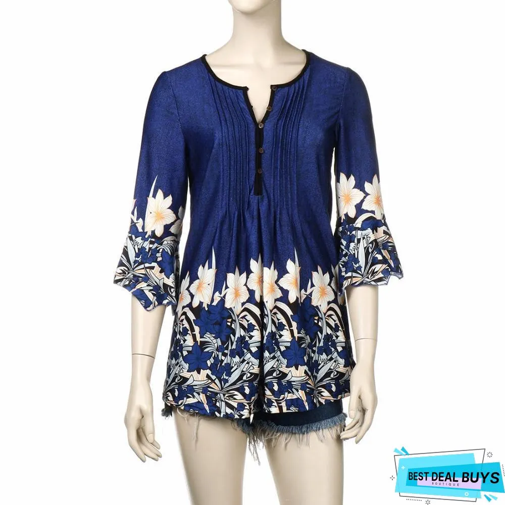 Women Plus Size Three Quarter Sleeve Floral Print Causal Loose Tunic Blouse Shirts