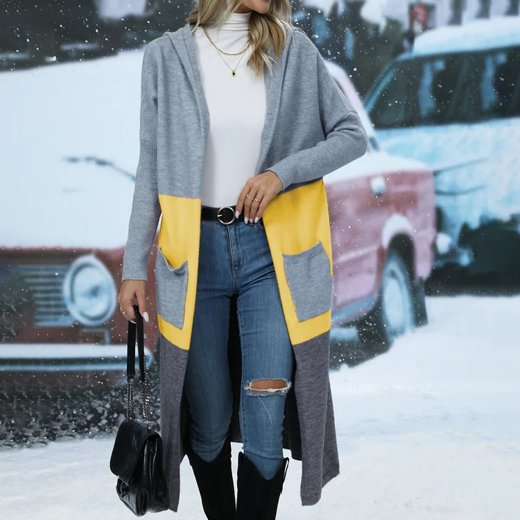 Women's Fall Winter Sweater Cardigan Color Block Patchwork Letter Print Long Hoodie Cardigan