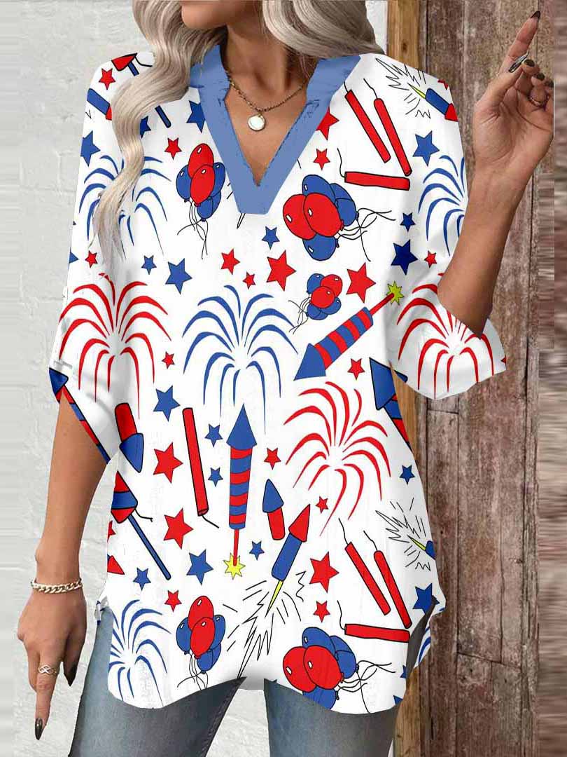 Women  Independence Day, Star, Striped, Blue, Red DZGA0226 3/4 Sleeve V-neck Printed Graphic Button Tops