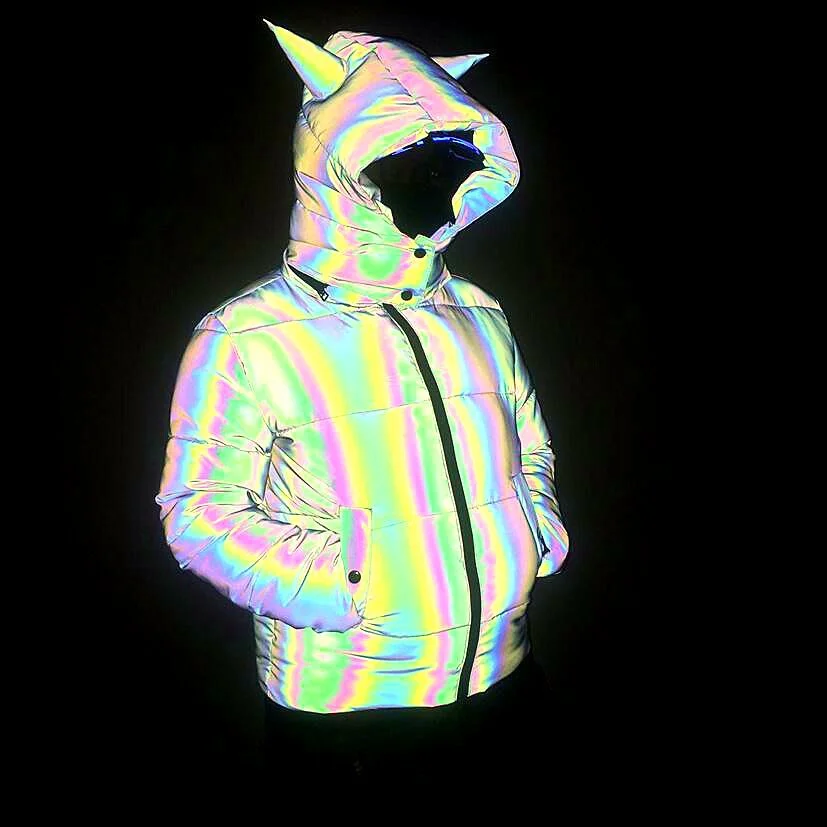 Woherb Winter Fashion Dazzle Color Reflective Cotton-Padded Clothes Women Lovely Three-Dimensional Beast Horn Rainbow Color Luminous Cotton-Padded Clothes-Outfit Ideas