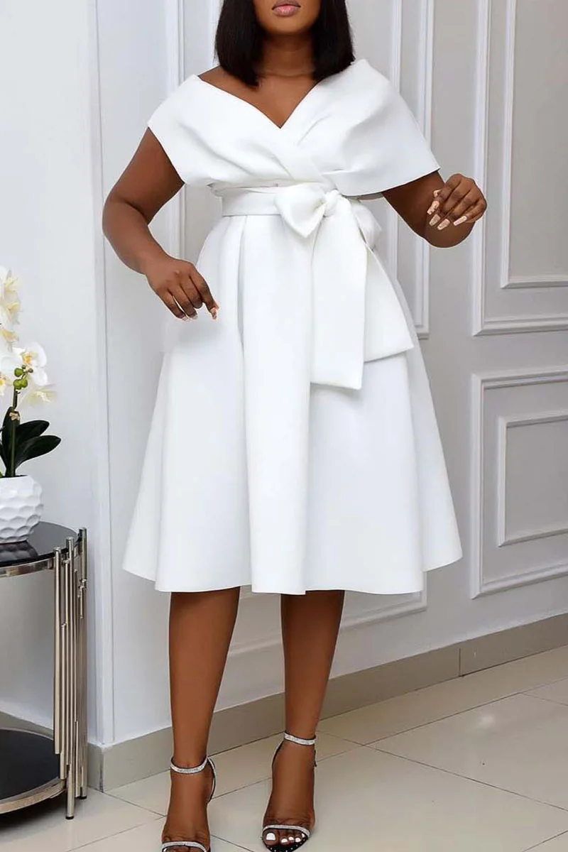 White Celebrities Elegant Solid Bandage Patchwork V Neck A Line Dresses | EGEMISS