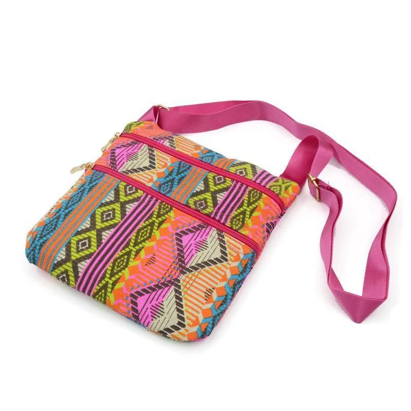 Ladies ethnic simple geometric elements soft canvas messenger bag