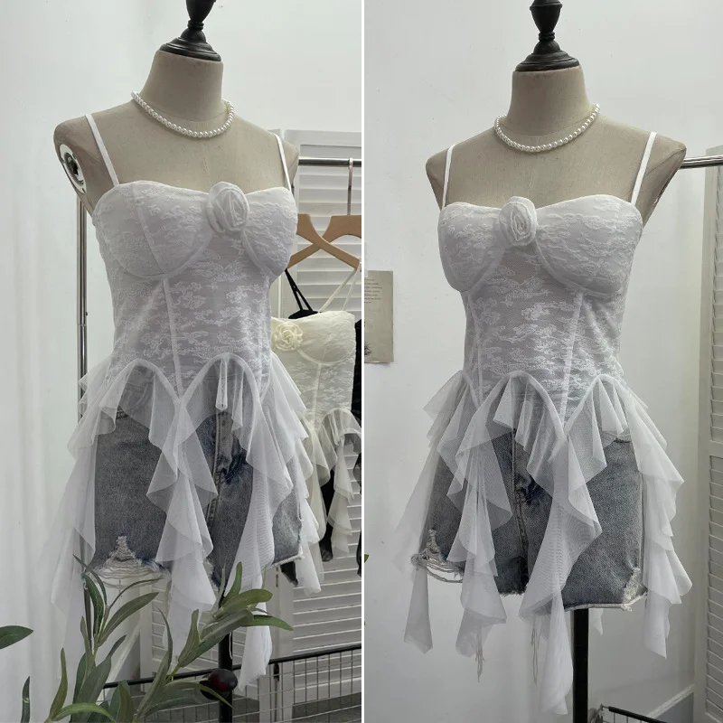 Uveng Sleeveless Vest Women With Chest Pads With Tectoral Lace Slings Irregular Ribbon Short Coat 1106