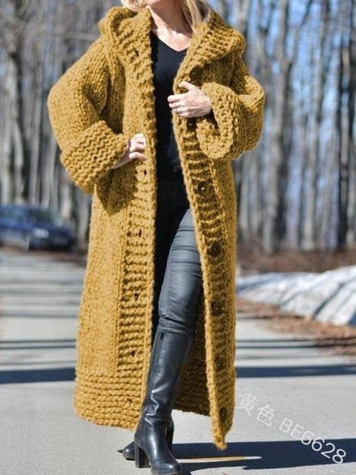 Women's Clothing Thick Thread Knitted Long Hooded Cardigan Coat Sweater