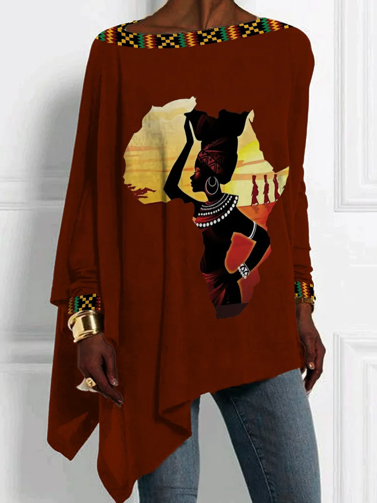 Africa Map Traditional Women Kente Hem Flowy T Shirt