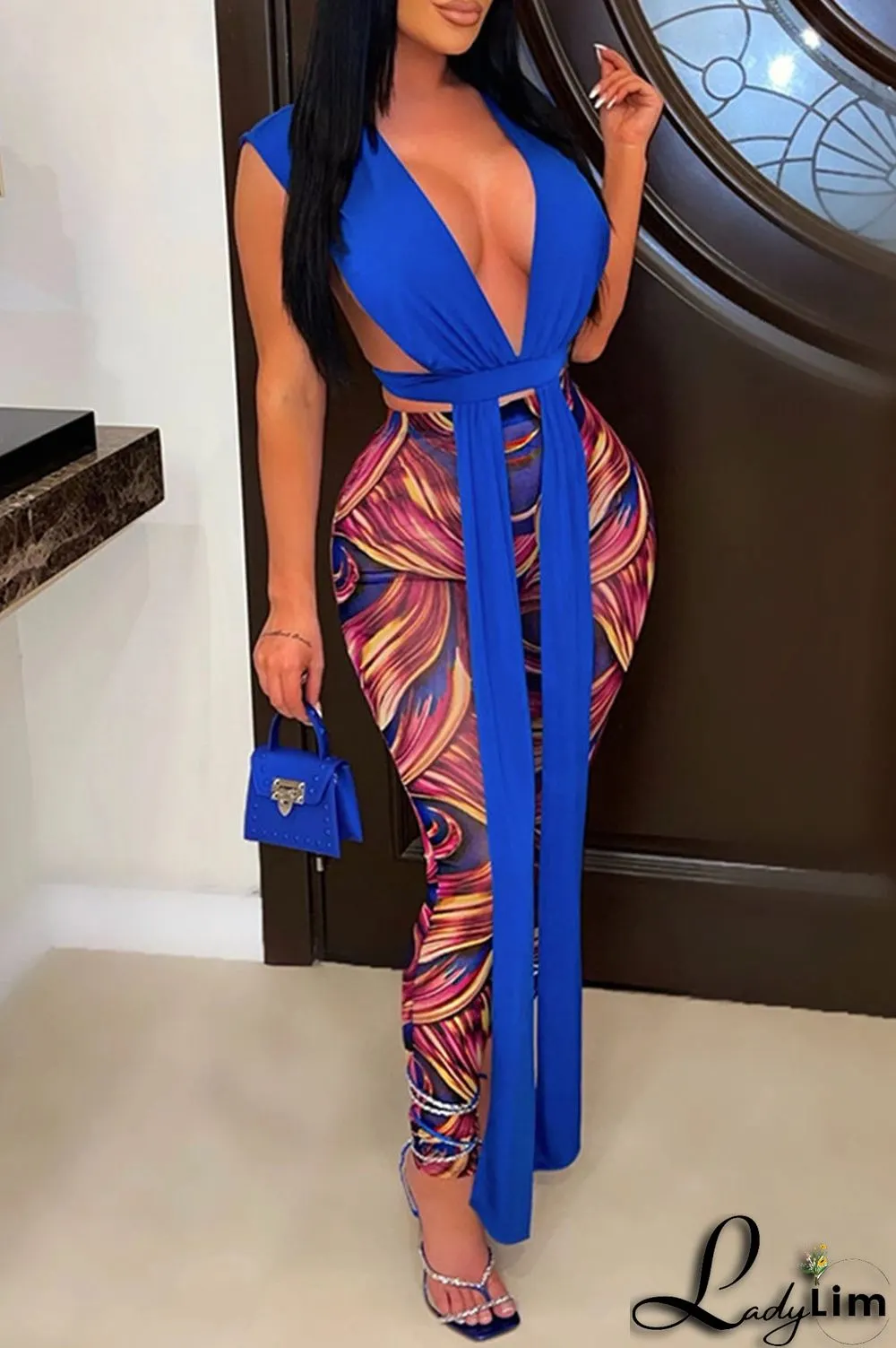 Rose Red Fashion Sexy Print Split Joint V Neck Sleeveless Two Pieces