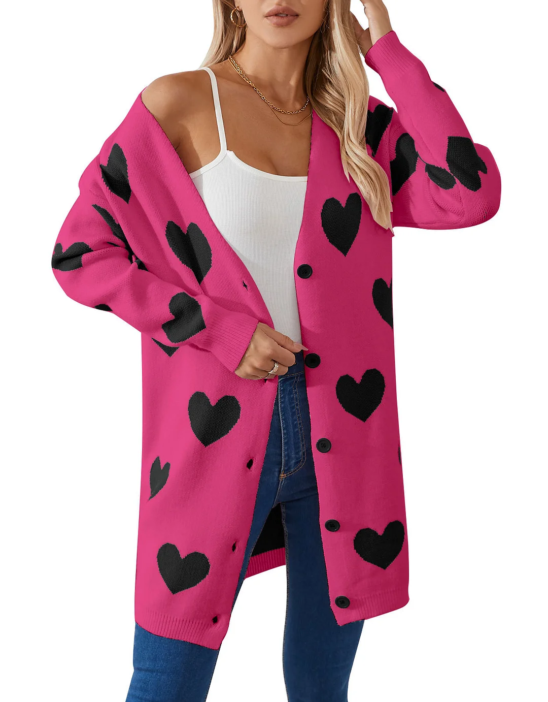 Athvotar Athvotar New Valentine's Day Love Knitted Cardigan V-Neck Button Long Coat Sweater Woman