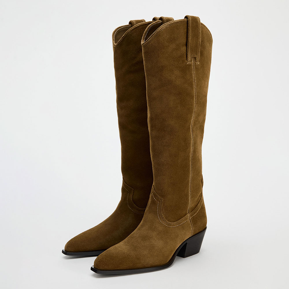 Brown Almond Toe Chunky Heel Knee-High Cowgirl Boots for Women Nicepairs