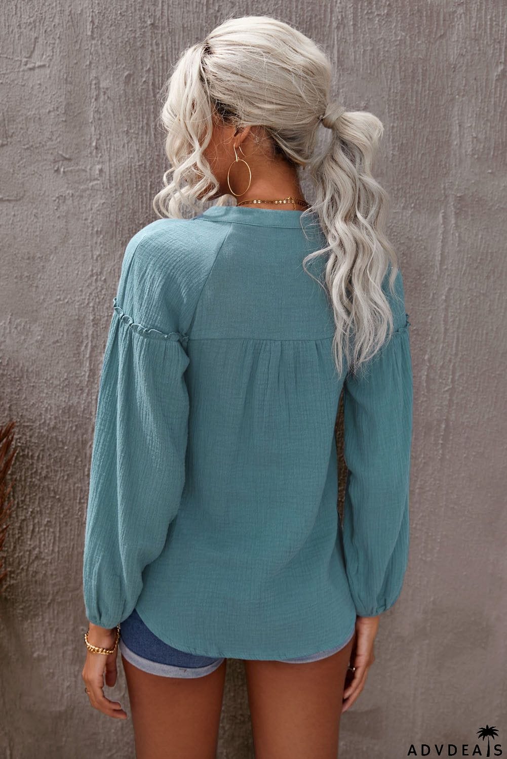 Casual Balloon Sleeve Crinkled Top