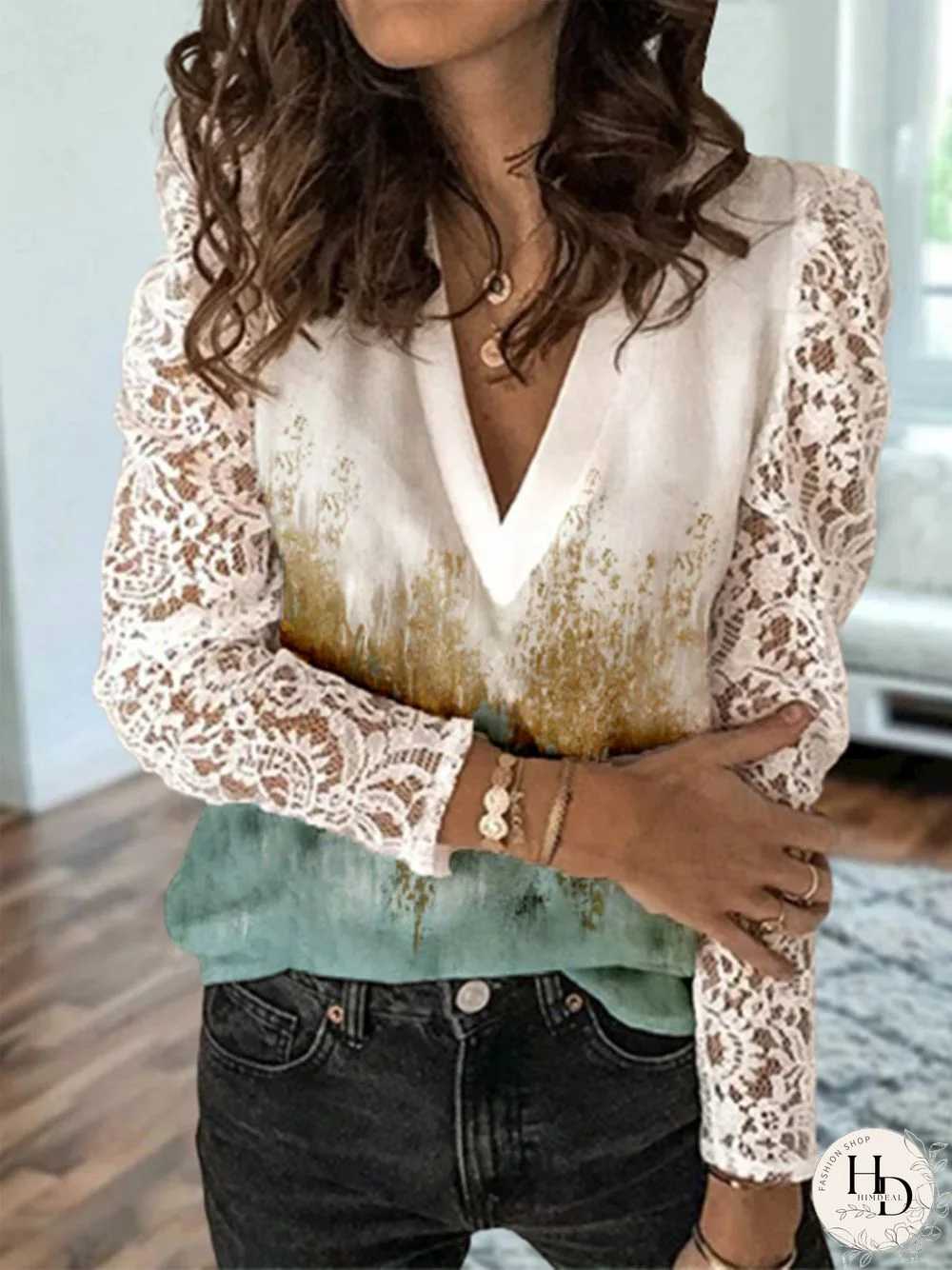 Abstract Lace Long Sleeve V Neck Plus Size Casual Tops