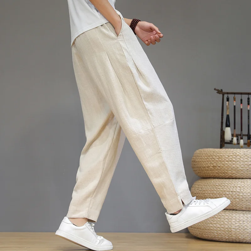 Toloer Vintage Plus Size Pants Men Cotton Linen Casual Pants Loose Plus Size Small Feet Harun Pants Solid Color Linen Trousers Men-Outfit Ideas