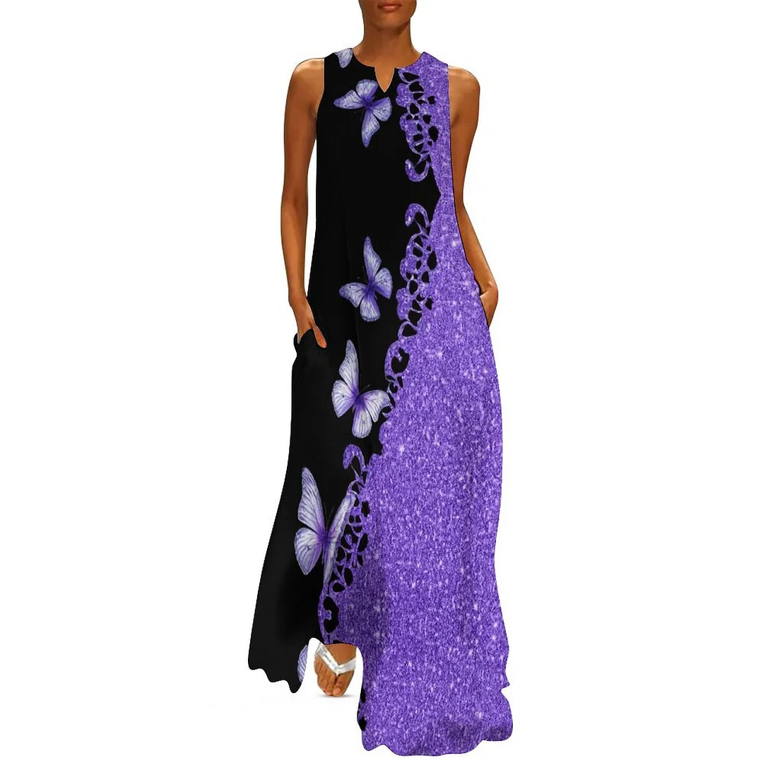 Style & Comfort for Mature Women Plus Size Printed Sleeveless Casual Women Maxi Dress with Pockets in Pattern Purple, Butterfly, Glitter