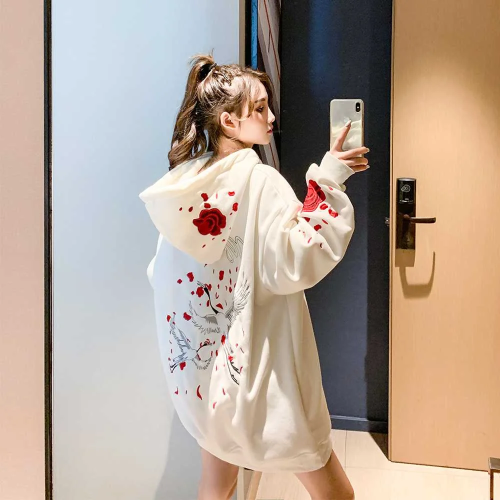 Casual Rose Print Long Sleeve Hoodie Kawaii Sweatshirt Novameme