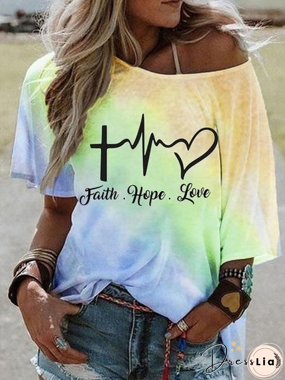 Hot-selling Stylish Tie-dye Gradient Print Short-sleeved Stiletto Off-the-shoulder Top T-shirt