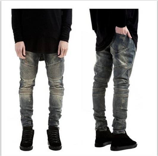 Motorcycle pleated stretch jeans frayed slim fit pencil pants men's trend