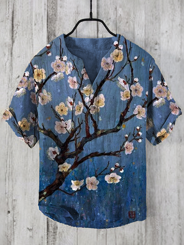 Comstylish Men's Vintage Japanese Art Plum Blossom Casual Linen Blend Shirt