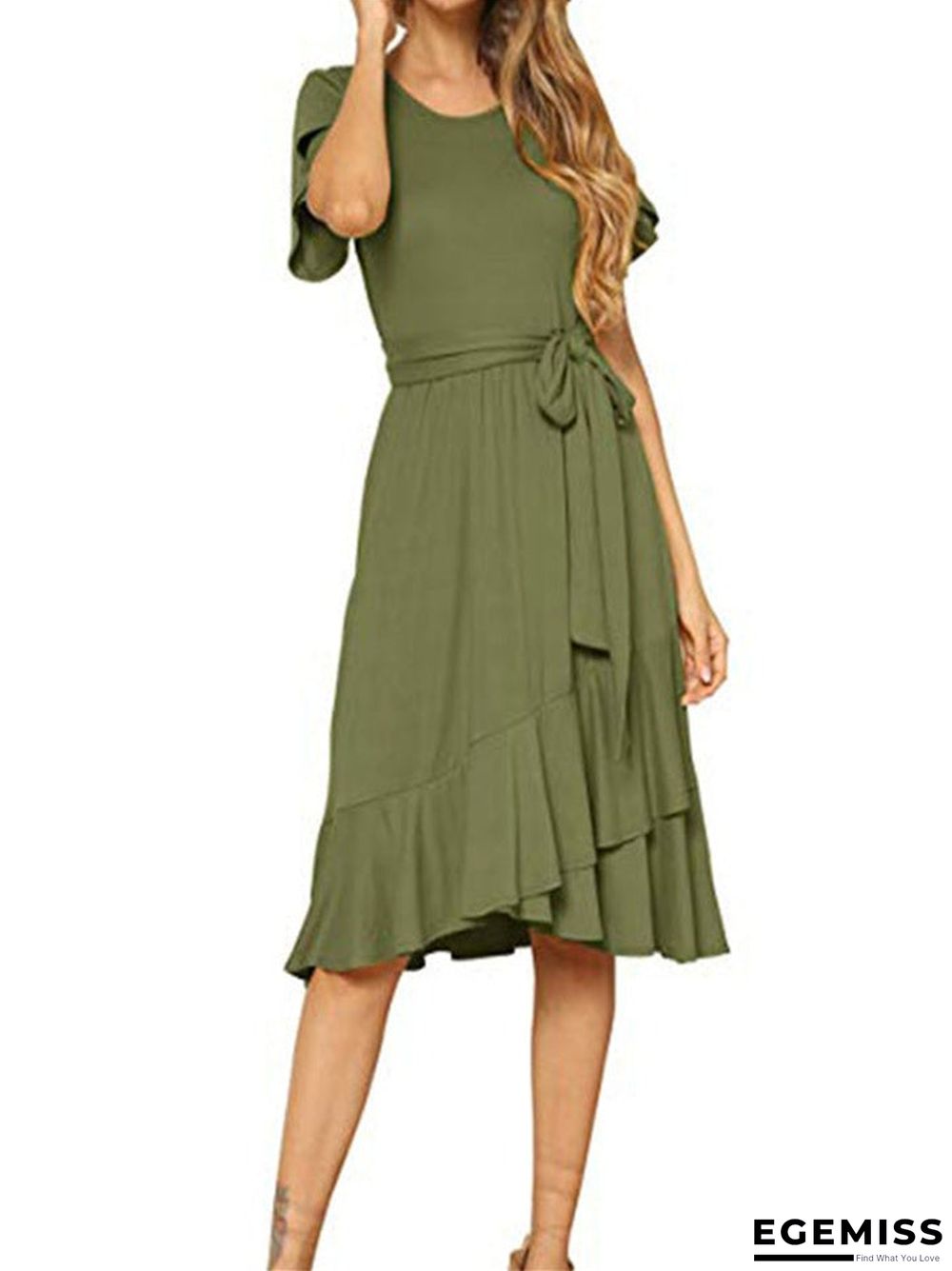 Belt Slim Round Neck Short Sleeve Long Skirt | EGEMISS