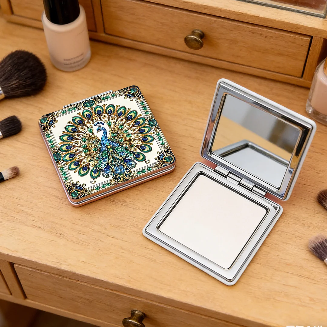Green Peacock DIY Special Shaped Diamond Painting Compact Mirror Kits Diamond Art Painting Pocket Mirror for Adults and Beginners