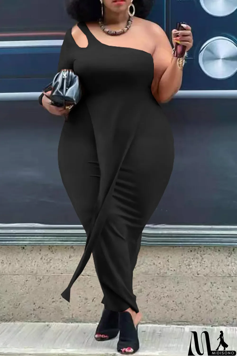 MidiSono - Tangerine Red Casual Solid Split Joint Off the Shoulder Pencil Skirt Plus Size Two Pieces