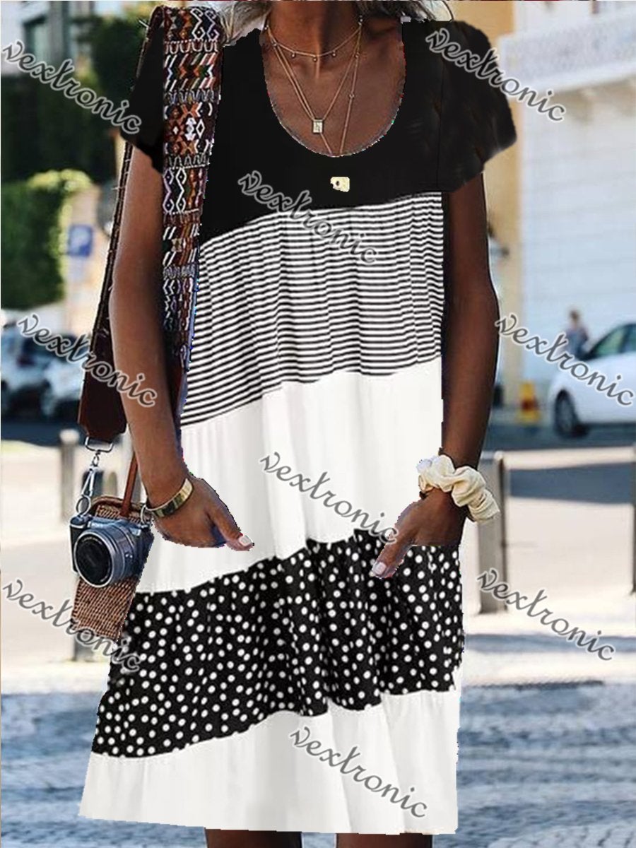 Women U-neck Short Sleeve Striped Polka Dot Midi Dress with Pockets