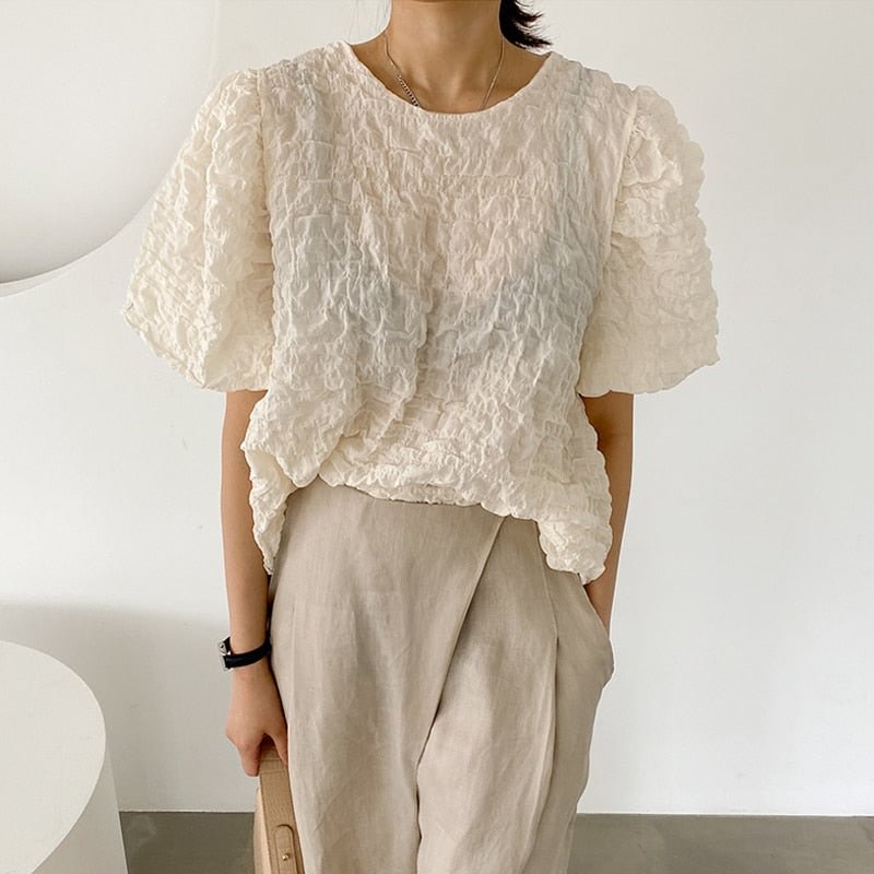 Summer Short Sleeve Pleated Blouse Women Korean New Puff Sleeve Simple O Neck Shirt Fashion Loose Casual Top Blusas Mujer 13752