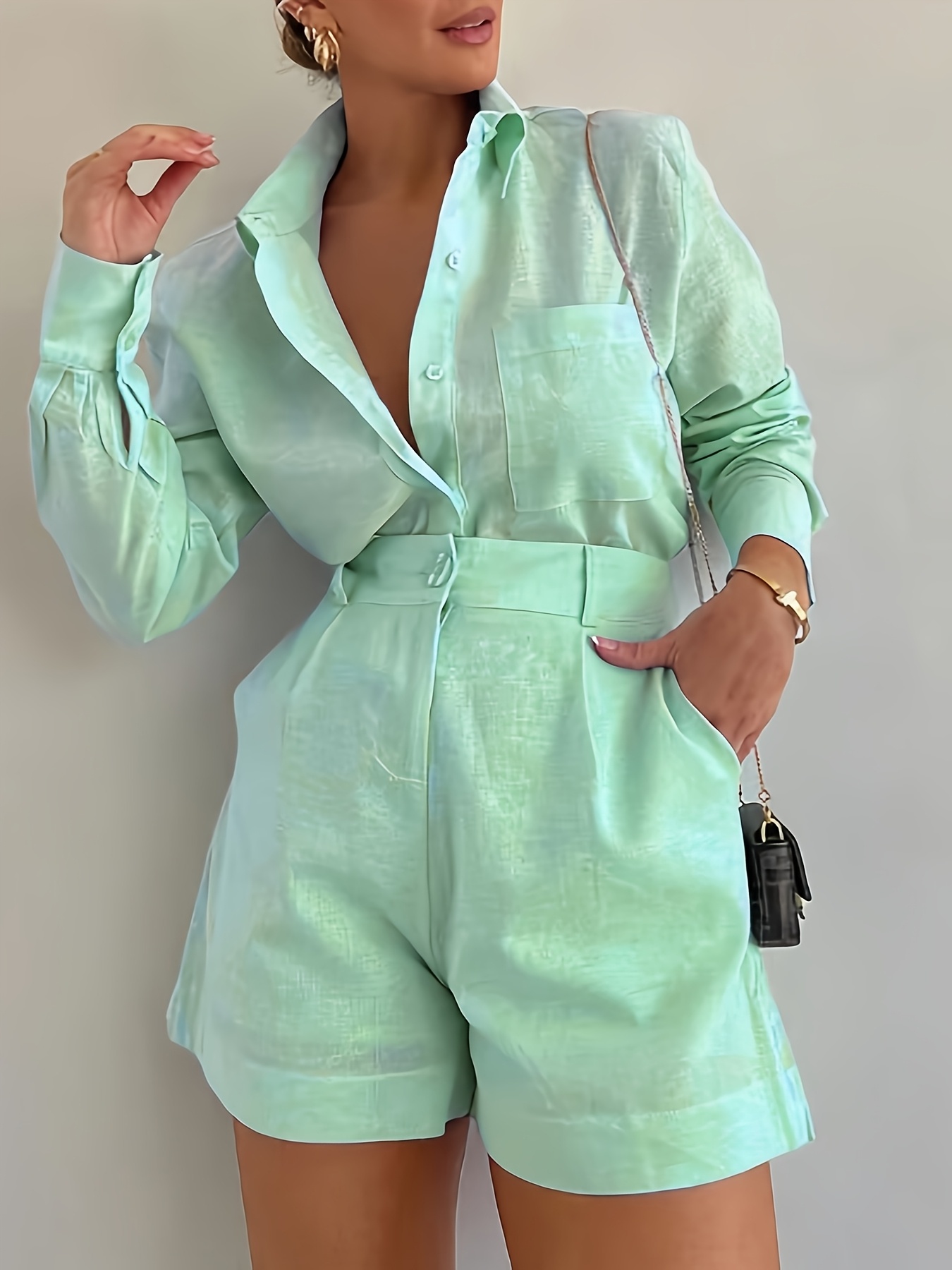 Women's Fashion Casual Shirt & High-Waist Shorts Set - Loose Fit Solid Color Design | IFYHOME