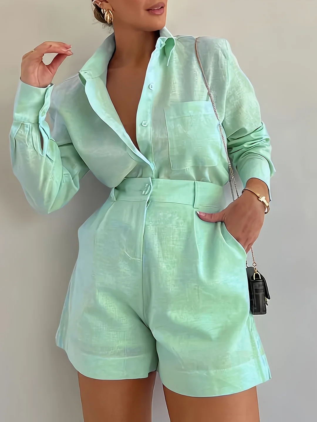 Women's Fashion Casual Shirt & High-Waist Shorts Set - Loose Fit Solid Color Design | IFYHOME