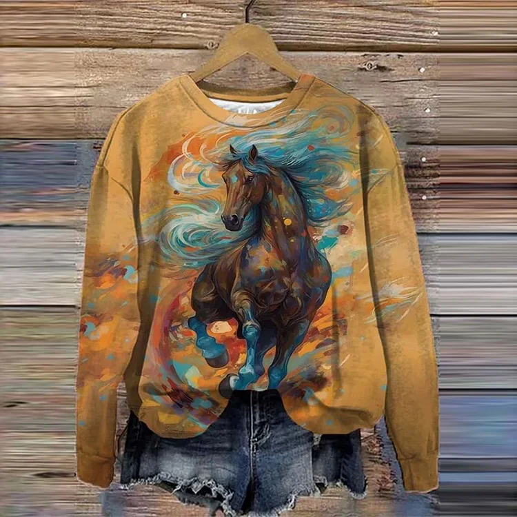 Wearshes Oil Painting Horse Print Crew Neck Sweatshirt