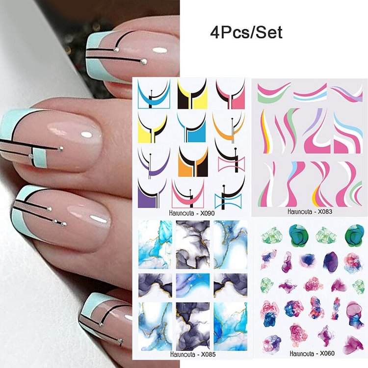 Harunouta 4Pcs/Set Geometry Lines Nail Stickers Decals Marble Flowers Sliders Wraps Manicure Summer Nail Art Decorations