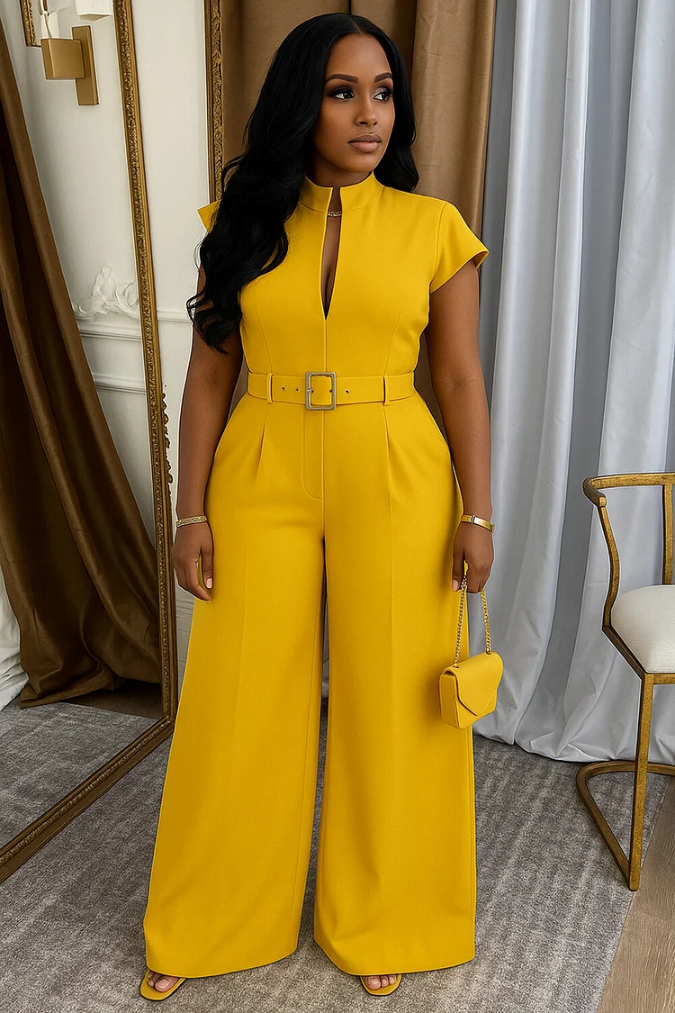 Notch Collar Cap Sleeve Solid Daily Wide Leg Jumpsuit-Yellow [Pre Order]