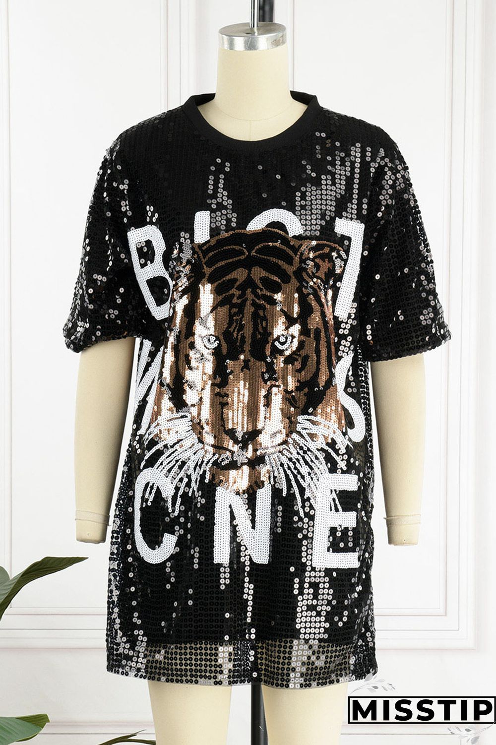 Black Street Solid Sequins Patchwork O Neck T-shirt Dress Dresses