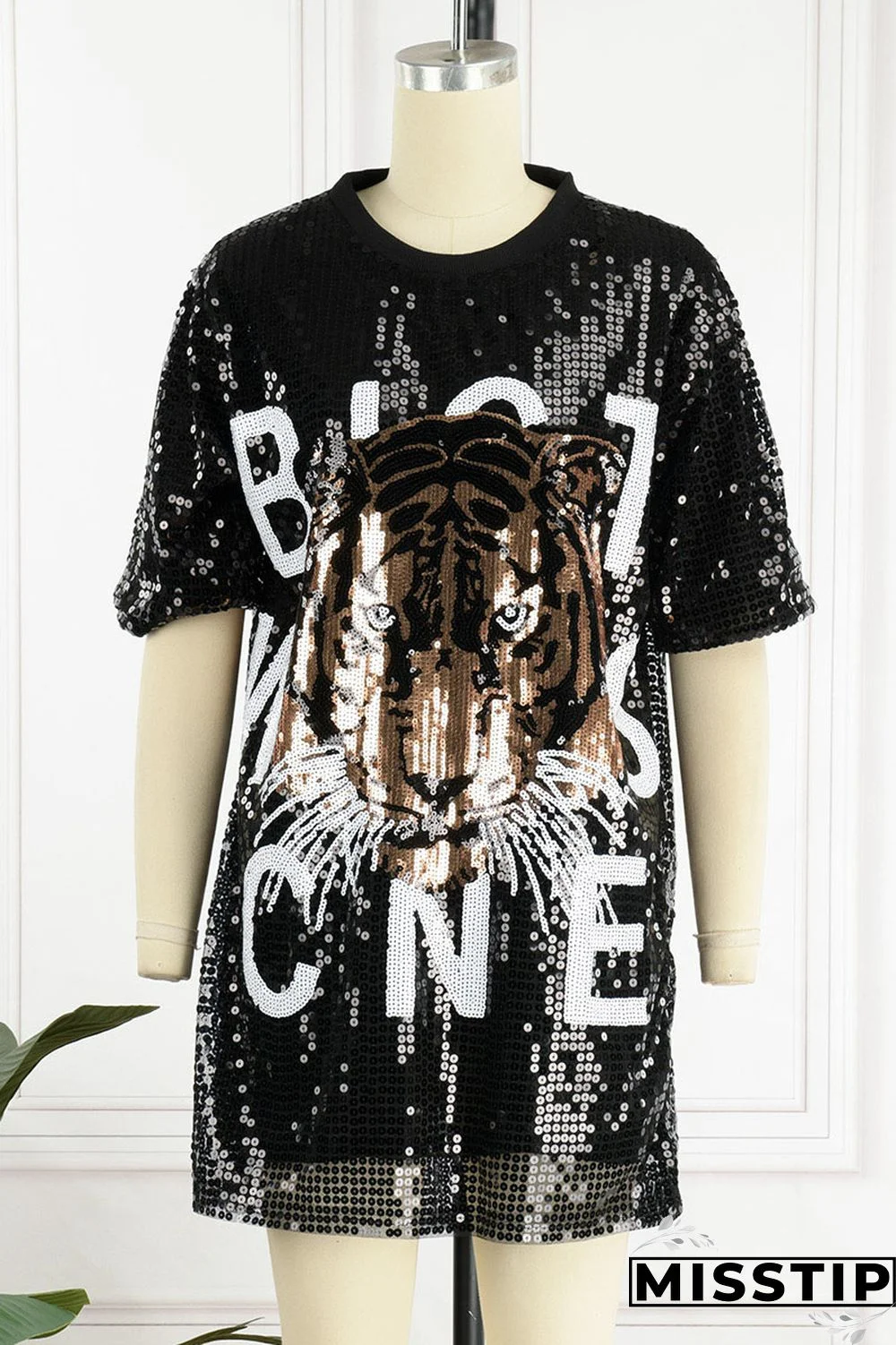 Black Street Solid Sequins Patchwork O Neck T-shirt Dress Dresses