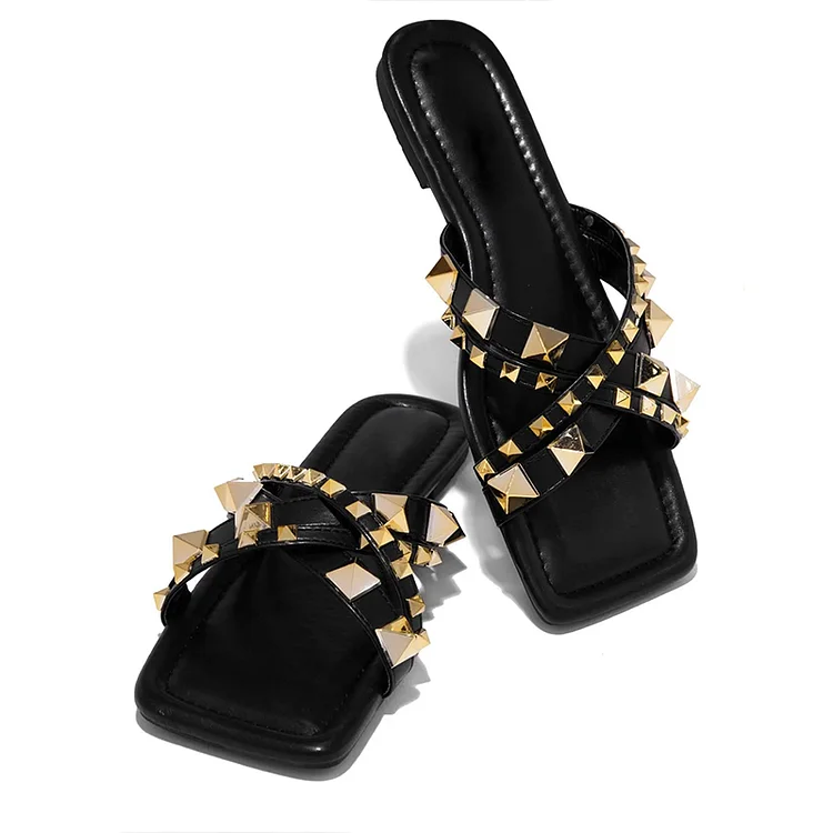 Black Square Toe Rivets Sandals Women's Vintage Flats Summer Mules |FSJ Shoes