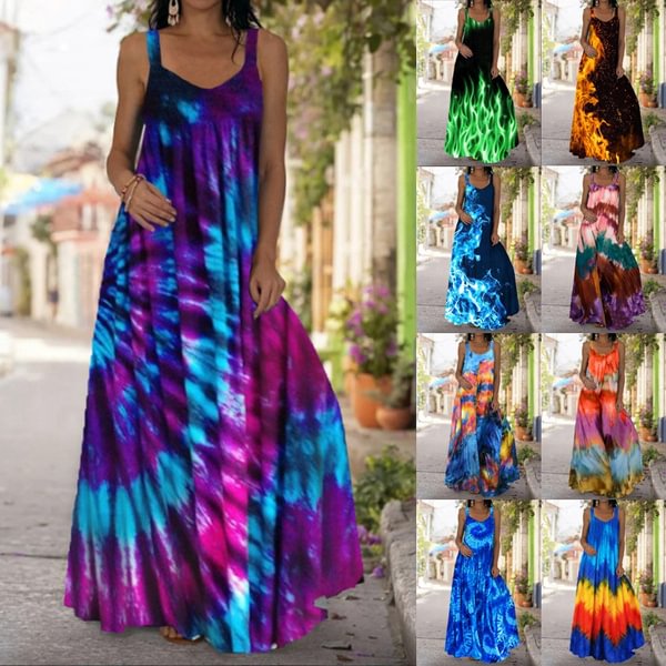 New Women Fashion V Neck Boho Loose Printing Swing Sling Summer Beach Sleeveless Off-the-shoulder Mopping Dress - BlackFridayBuys
