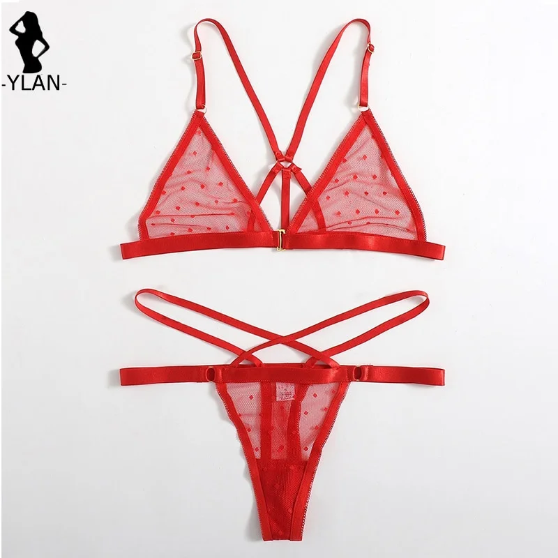 Uaang Women Bra Set Red Dot Lingerie Set See Through Intimates Bralette Briefs Sets Fashion Mesh 2121