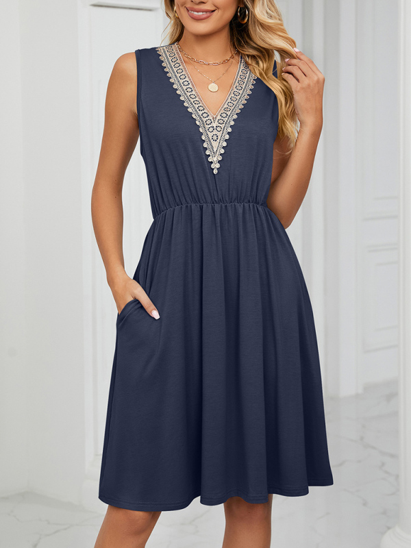 Mature Women Summer Knitted Lace V-neck Sleeveless Pocket Waist Dress