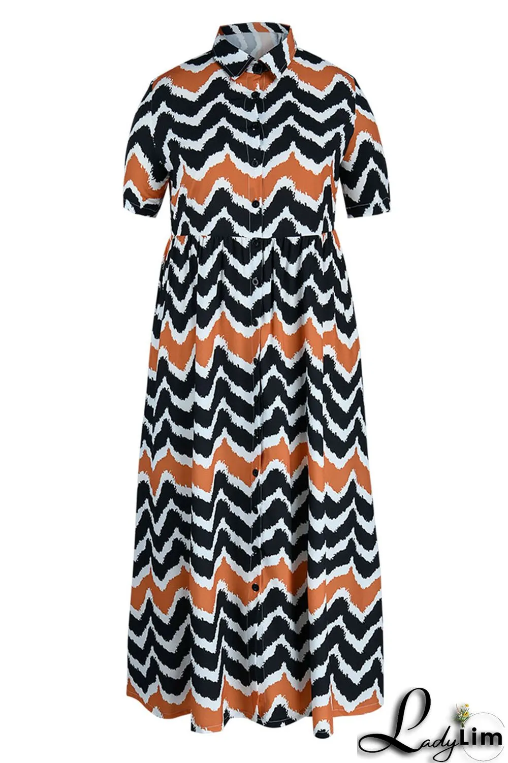Apricot Casual Striped Print Patchwork Buckle Turndown Collar A Line Plus Size Dresses(Without Belt)
