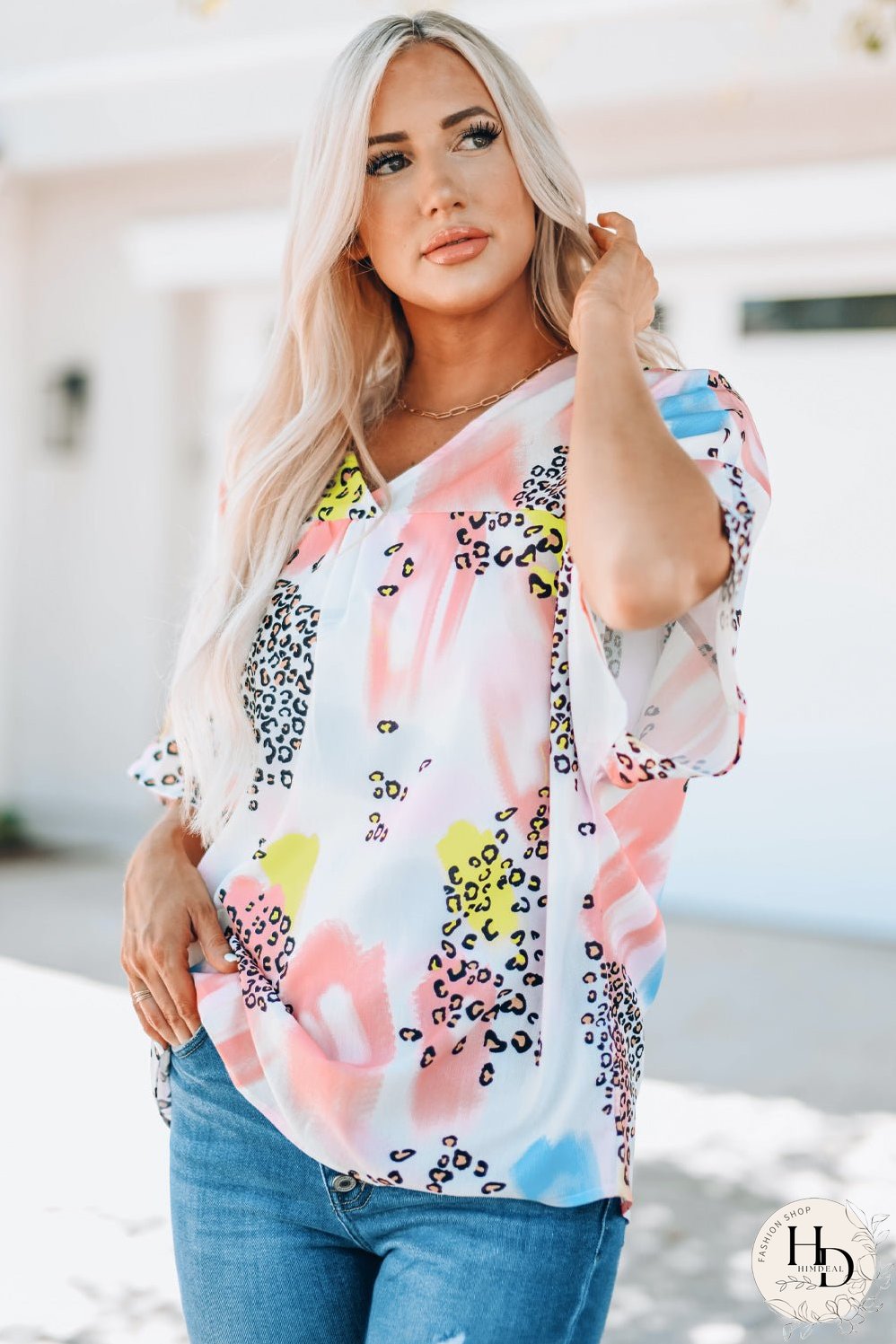 Whimsical Watercolor Animal Print V-Neck Blouse