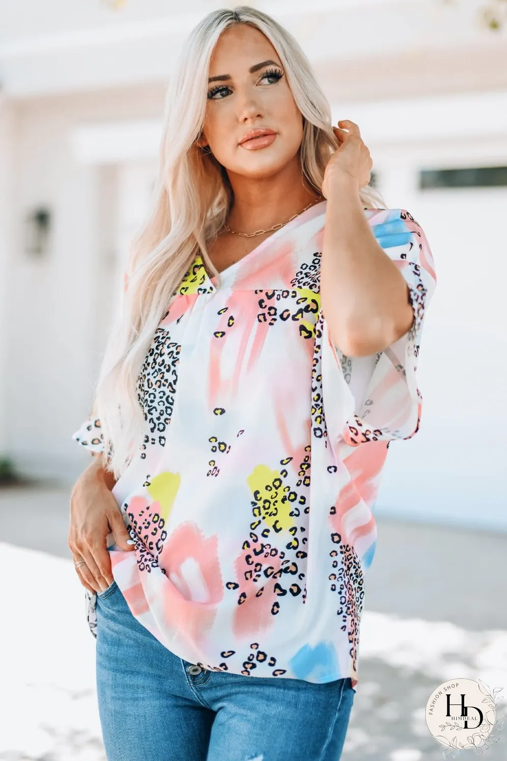 Whimsical Watercolor Animal Print V-Neck Blouse