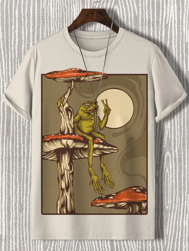 Men's Hippy Trippy Frog Illustration Print Cotton Casual T-Shirt
