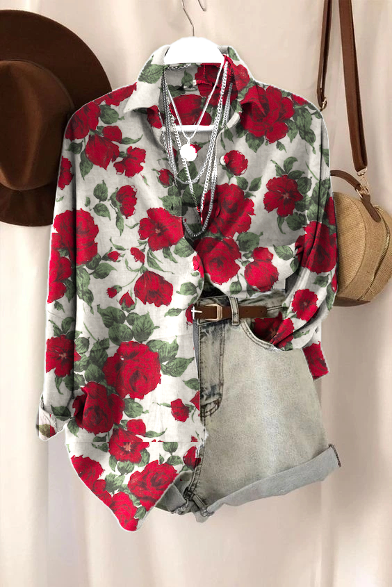 Women's Vintage Rose Long Sleeve Lapel Shirt Top socialshop