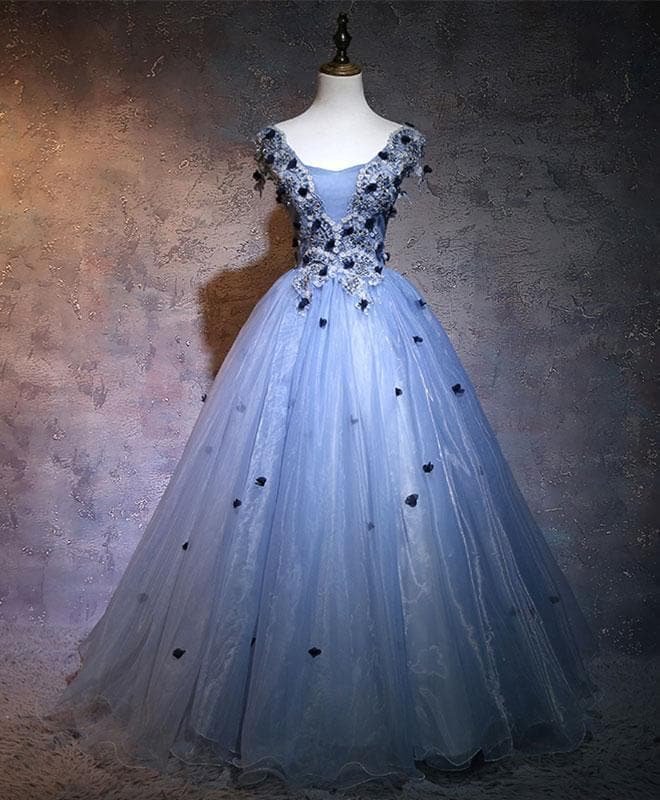 Unique Blue Lace Applique Cover Sleeves Long Prom Dress, Sweet 16 Dress