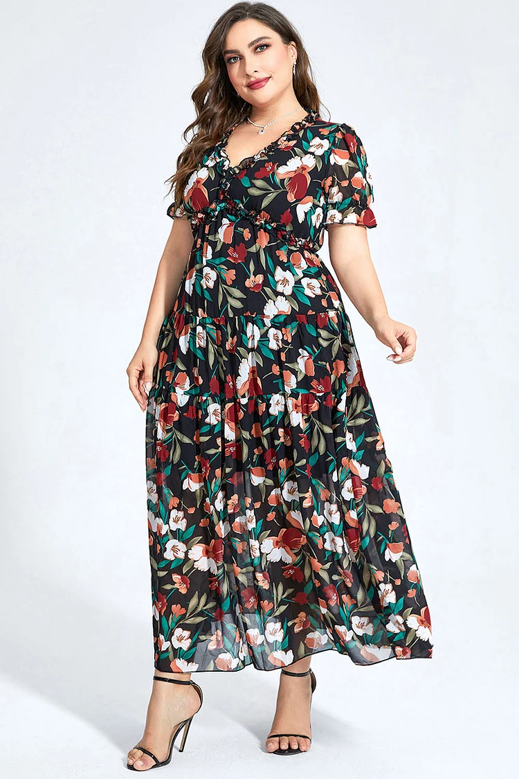 Flycurvy Plus Size Casual Black Chiffon Floral Print Fitted Waist V Neck Maxi Dress