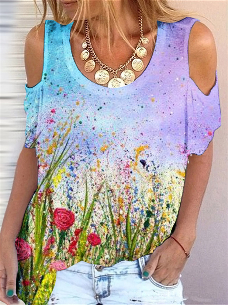 Floral Art Hollow Shoulder T Shirt wearshes