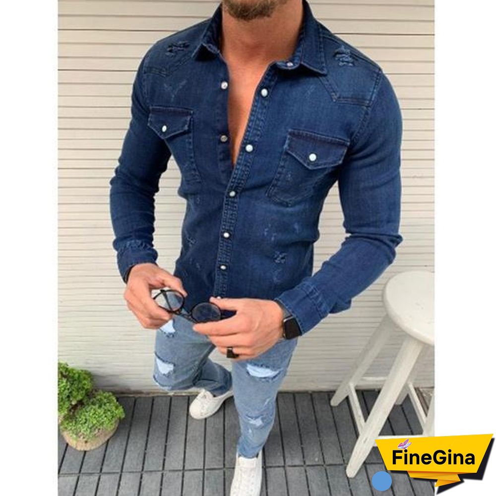 Casual Long Sleeve Lapel Jeans Tops