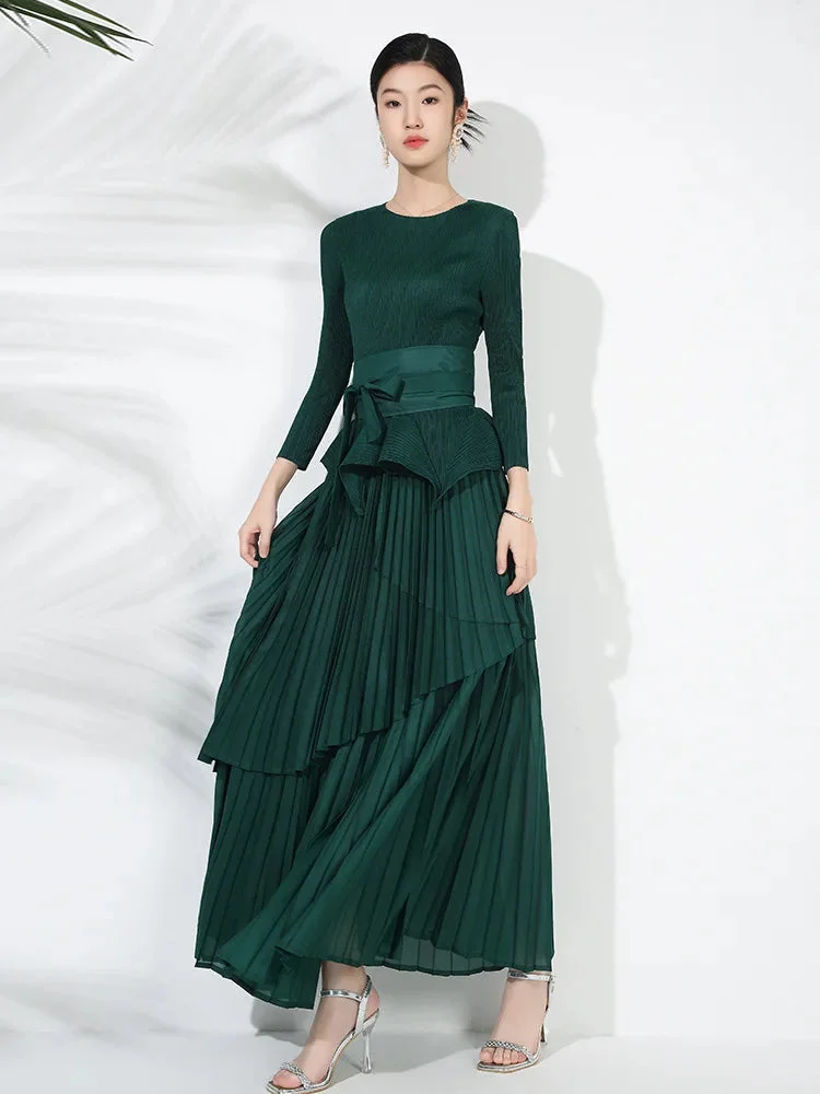 Modern Green O-neck Pleated Lace-up Long Sleeve Top And Pleated Skirt Set