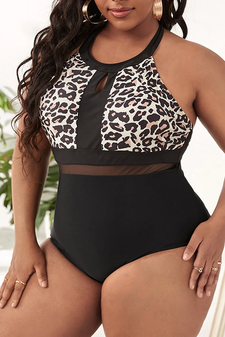 Plus Size Black Vacation Leopard Print Cross Strap One Piece Swimsuits