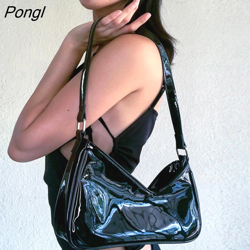 Pongl Women Black Patent Leather Shoulder Bag Fashion Design Ladies Underarm Bag Retro Y2k Cool Girls Small Purse Handbags