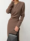 Urban Round-Neck Long Sleeve Solid Color Simple Midi Dress