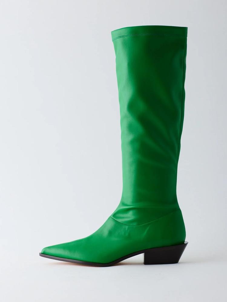 Green Elastic Low Chunky Heel Western Mid Calf Boots
